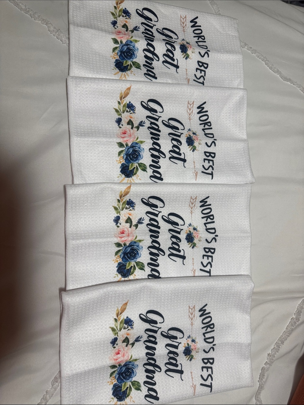 Amazon White Kitchen Towels with Navy Script and Blue & Pink Floral Accents